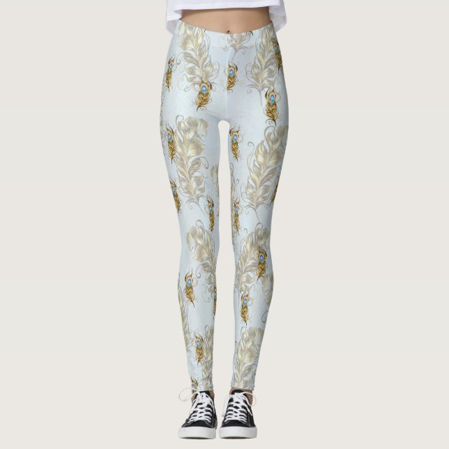 Golden Peacock Feathers and Leaves Leggings (Front)