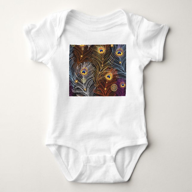 Golden peacock feathers: dark pattern. baby bodysuit (Front)