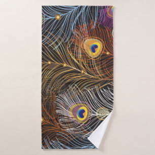 Golden peacock feathers: dark pattern. bath towel