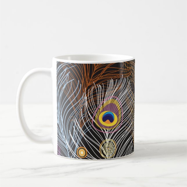 Golden peacock feathers: dark pattern. coffee mug (Left)