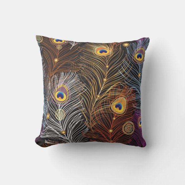 Golden peacock feathers: dark pattern. cushion (Front)