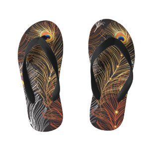 Golden peacock feathers: dark pattern. kid's flip flops