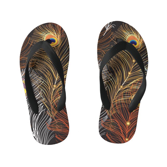 Golden peacock feathers: dark pattern. kid's flip flops (Footbed)