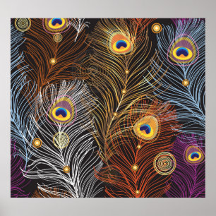 Golden peacock feathers: dark pattern. poster