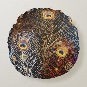 Golden peacock feathers: dark pattern. round cushion