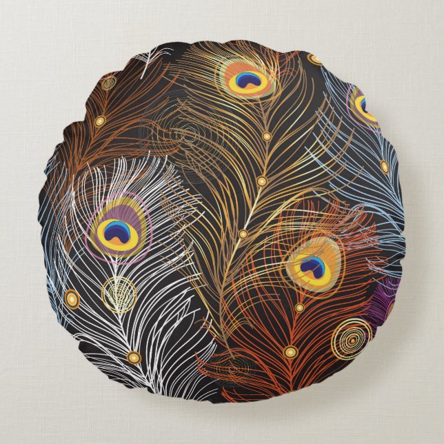 Golden peacock feathers: dark pattern. round cushion (Front)