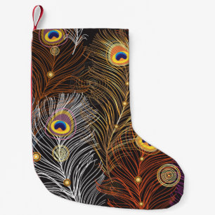 Golden peacock feathers: dark pattern. small christmas stocking