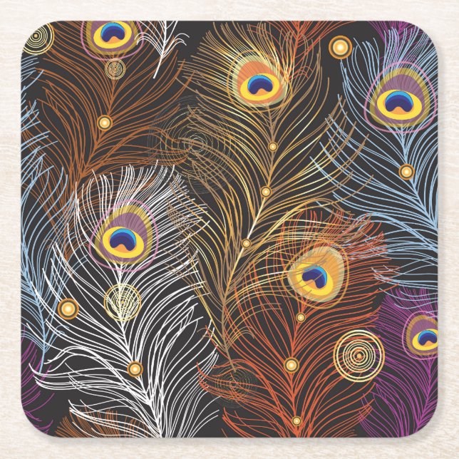 Golden peacock feathers: dark pattern. square paper coaster (Front)