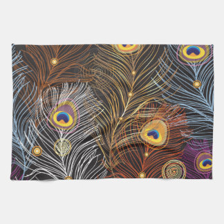 Golden peacock feathers: dark pattern. tea towel