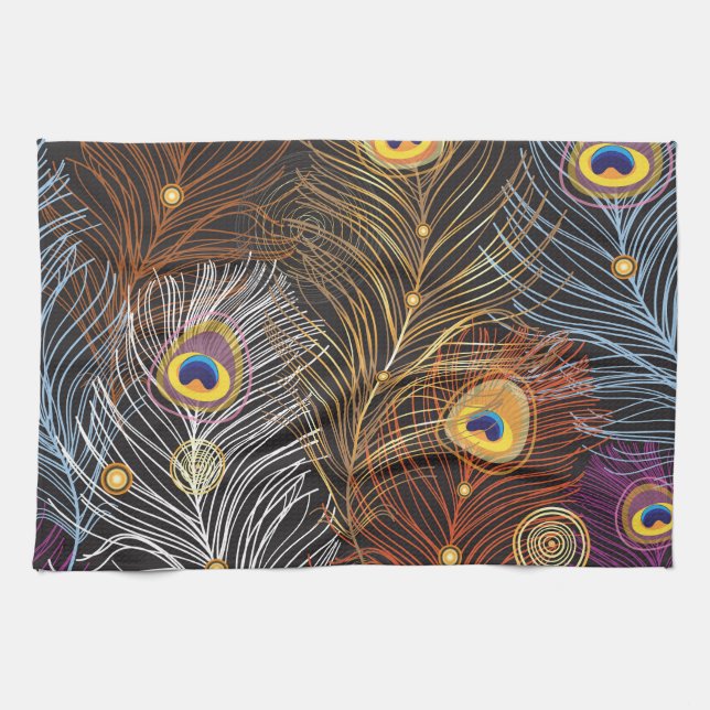 Golden peacock feathers: dark pattern. tea towel (Horizontal)
