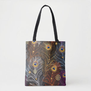Golden peacock feathers: dark pattern. tote bag