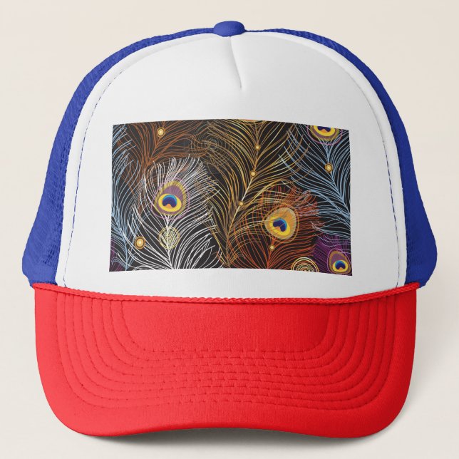 Golden peacock feathers: dark pattern. trucker hat (Front)