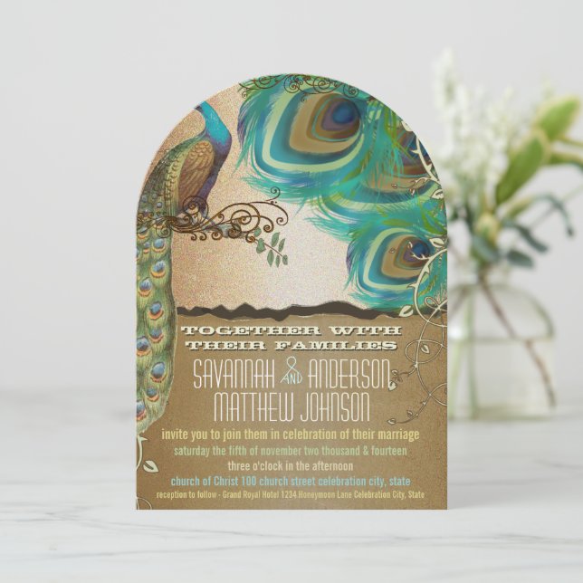 Golden Peacock Feathers Invitation (Standing Front)
