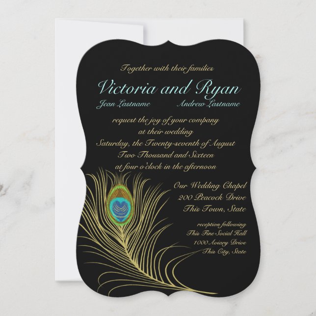 Golden Peacock Feathers Invitation (Front)