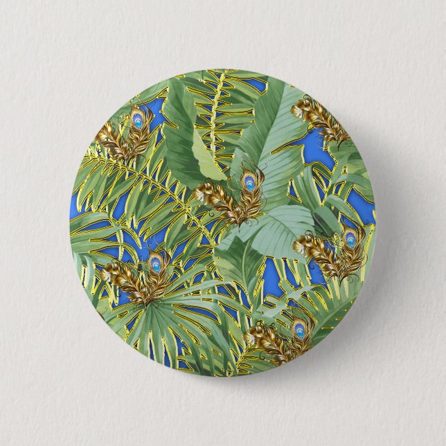 Golden Peacock Leaves on Cerulean Blue  6 Cm Round Badge (Front)