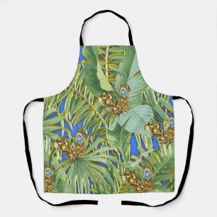 Golden Peacock Leaves on Cerulean Blue All-Over-Pr Apron