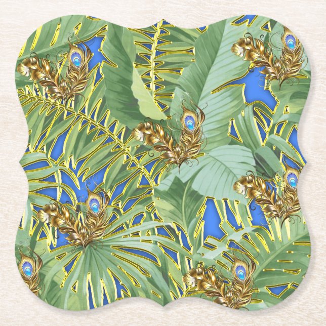 Golden Peacock Leaves on Cerulean Blue Paper Coaster (Front)