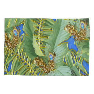 Golden Peacock Leaves on Cerulean Blue Pillowcase