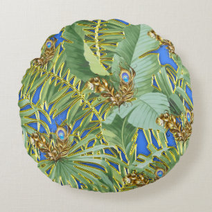Golden Peacock Leaves on Cerulean Blue Round Cushion