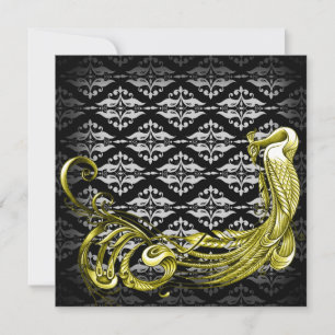Golden Peacock on Damask Wedding Anniversary Invitation