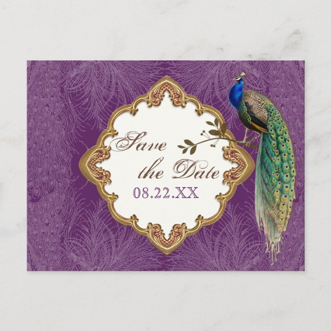 Golden Peacock & Swirls - Save the Date Postcard (Front)
