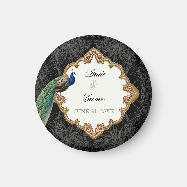 Golden Peacock & Swirls - Wedding Save the Date Magnet (Front)