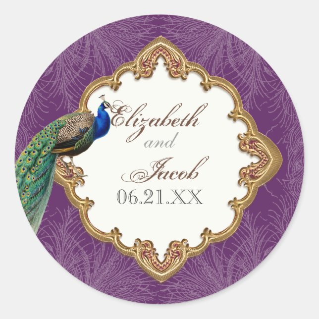 Golden Peacock & Swirls - Wedding Sticker or Seal (Front)