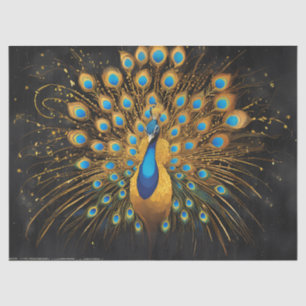 Golden Peacock With Blue Feathers on Black Tissue Paper