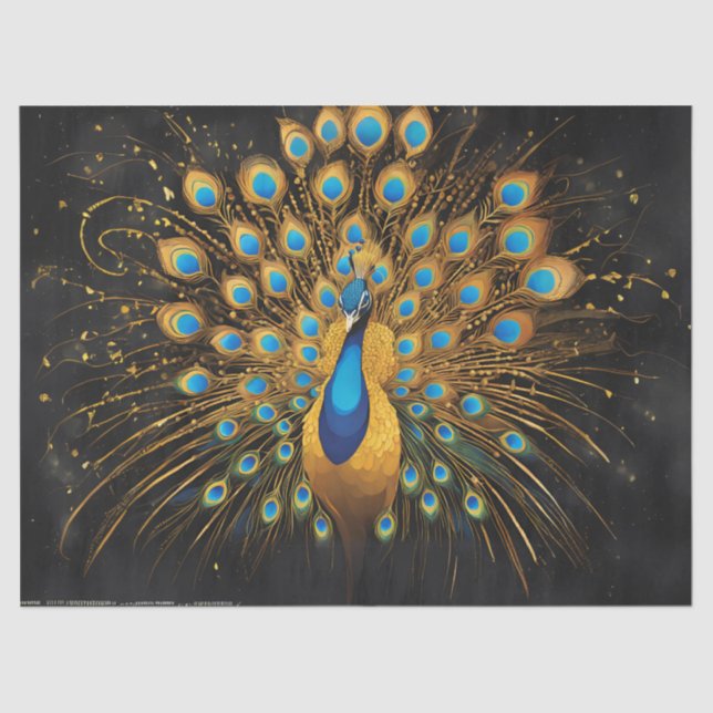 Golden Peacock With Blue Feathers on Black Tissue Paper (Front)