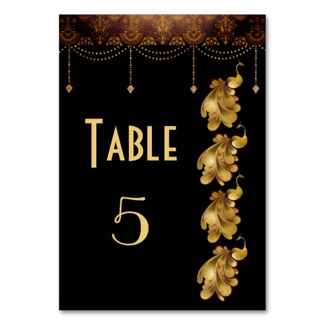 Golden Peacocks, Ancient Egyptian Art Deco Wedding Table Number (Front)