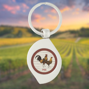 Golden Penciled Hamburg Roosters Maroon Monogram  Key Ring