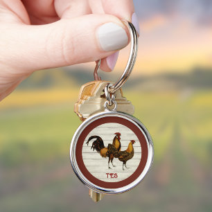 Golden Penciled Hamburg Roosters Maroon Monogram  Key Ring