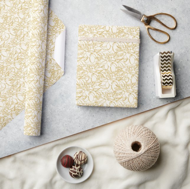 Golden Peonies Line Art on Ivory Wrapping Paper (Crafts)
