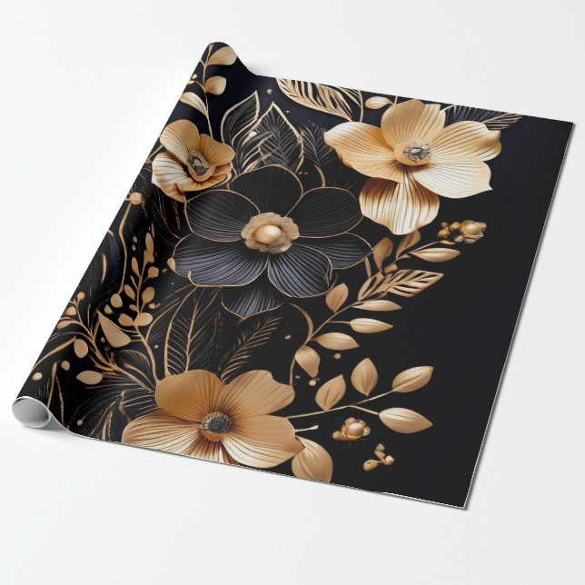 Golden Petals: Floral on Black Wrapping Paper (Unrolled)