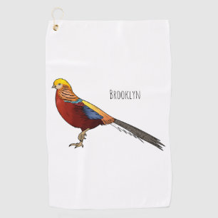 Golden pheasant bird cartoon illustration golf towel