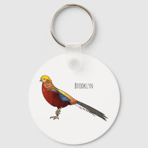 Golden pheasant bird cartoon illustration key ring