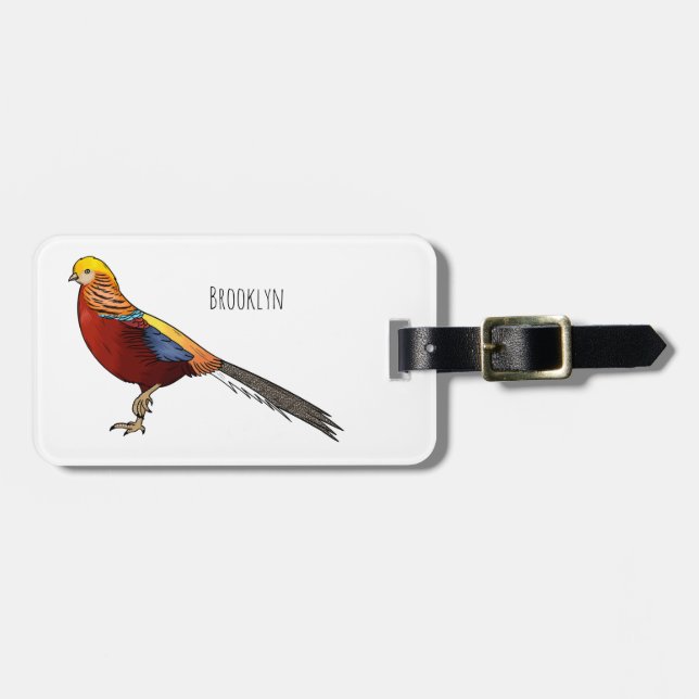 Golden pheasant bird cartoon illustration luggage tag (Front Horizontal)