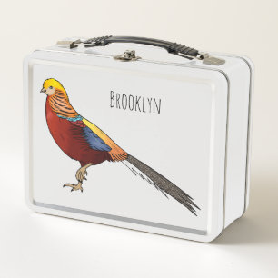 Golden pheasant bird cartoon illustration metal lunch box