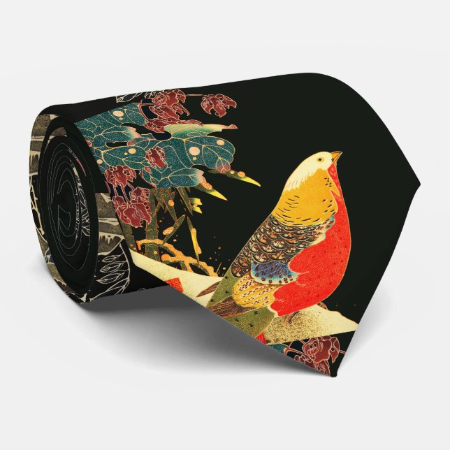 Golden Pheasant in Snow Antique Japanese Floral  Tie (Rolled)