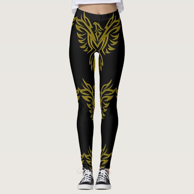 Golden Phoenix Rising on Black Leggings (Front)