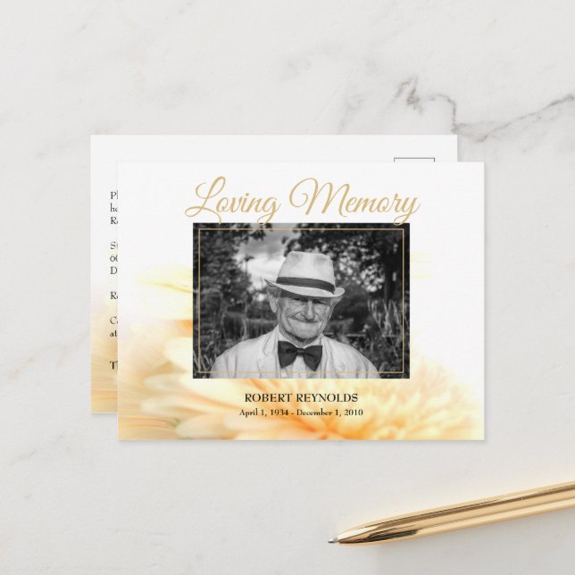 Golden Photo Funeral Memorial Service Invitation Postcard (Front/Back In Situ)