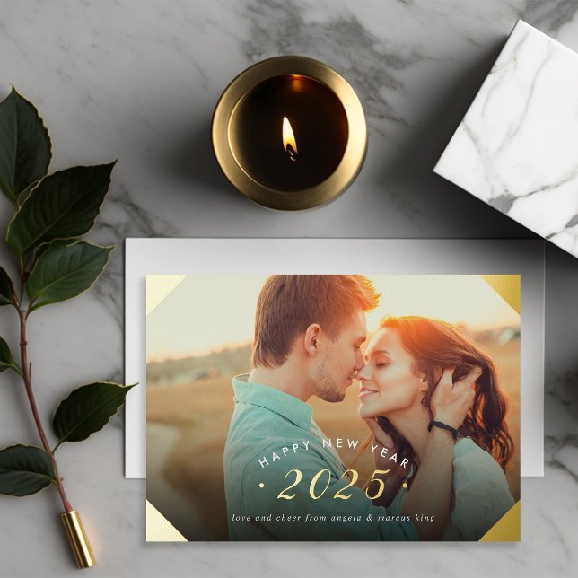 Golden Photo Overlay Happy New Year Foil Holiday Card (Creator Uploaded)