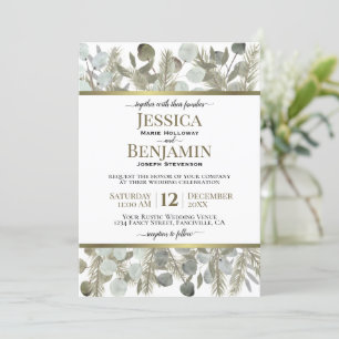 Golden Pine & Eucalyptus Rustic Winter Wedding Invitation