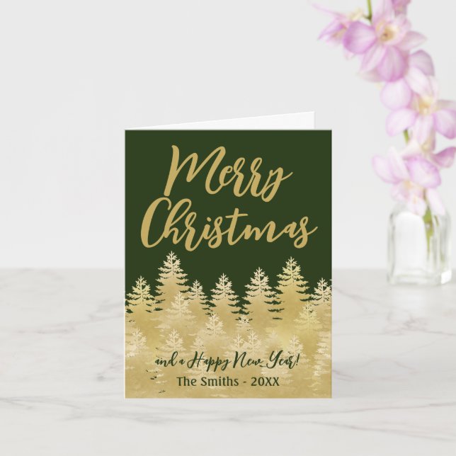 Golden Pine Trees Merry Christmas Dark Green Photo Card (Orchid)