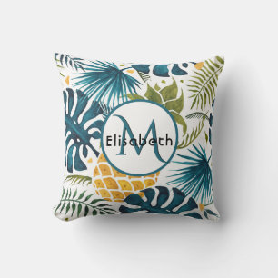 Golden pineapple blue palm leaves foliage monogram cushion