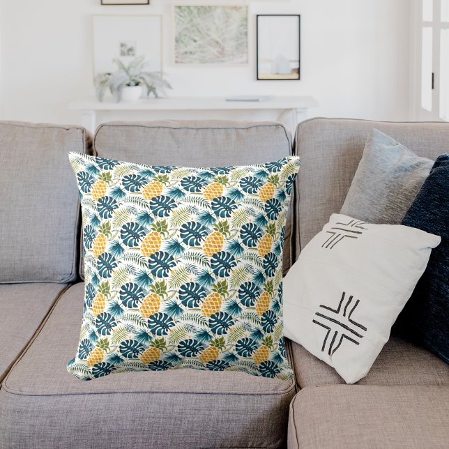 Golden pineapple blue palm leaves foliage white cushion (Creator Uploaded)