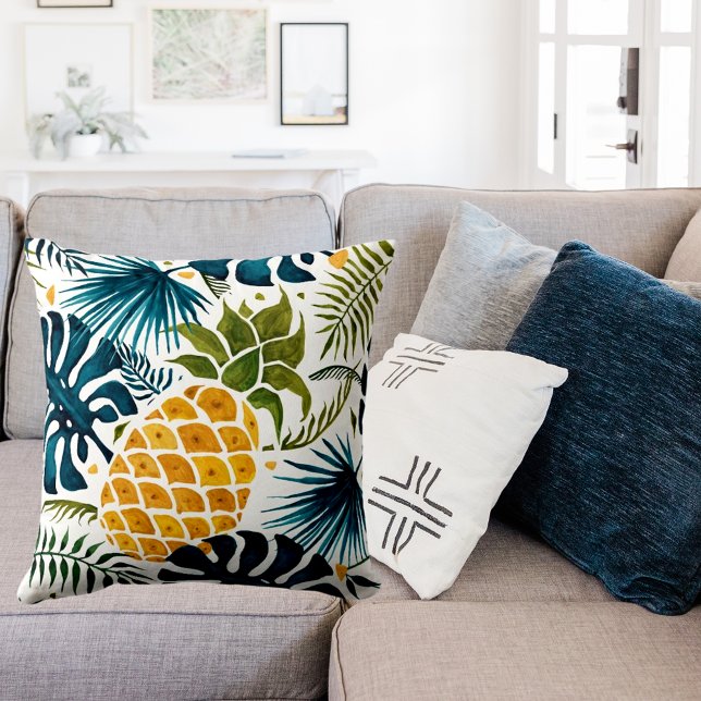 Golden pineapple blue palm leaves foliage white cushion (Creator Uploaded)