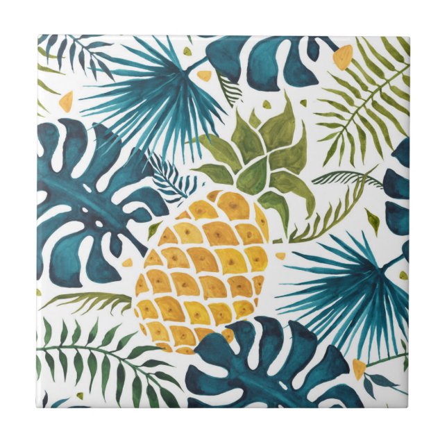 Golden pineapple blue palm leaves foliage white tile (Front)