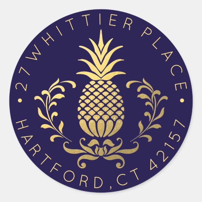Golden Pineapple | Elegant Address Classic Round Sticker (Front)