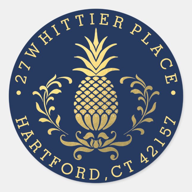 Golden Pineapple | Elegant Address Classic Round Sticker (Front)
